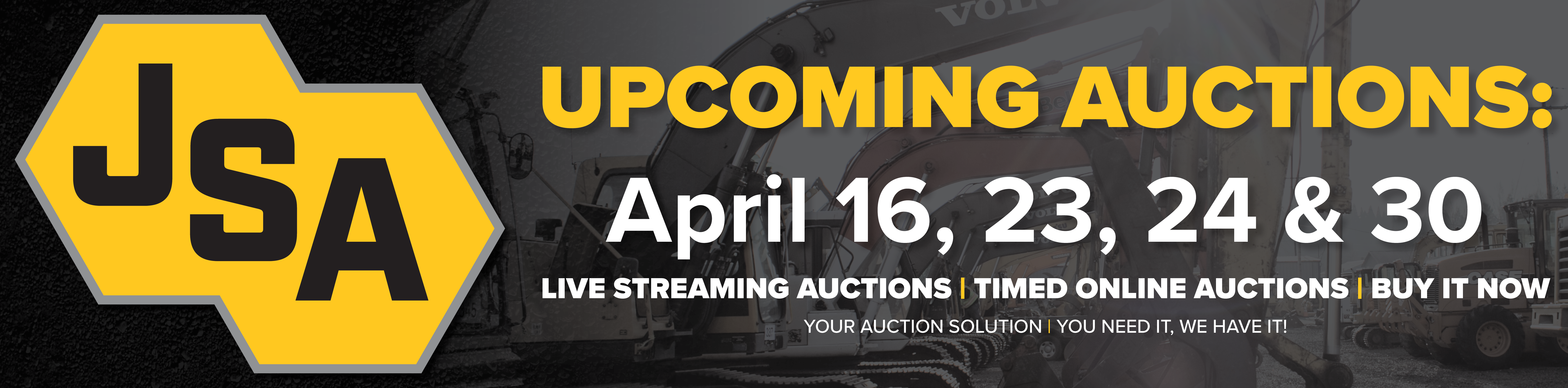Various heavy equipment including excavators, backhoes, and cranes available for auction at J. Stout Auctions.