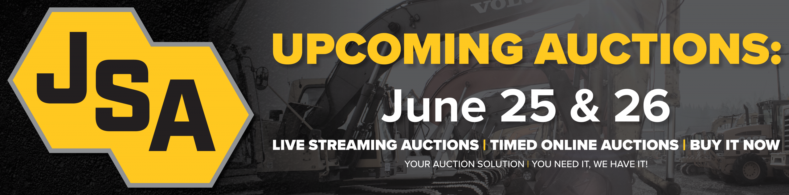 Various heavy equipment including excavators, backhoes, and cranes available for auction at J. Stout Auctions.
