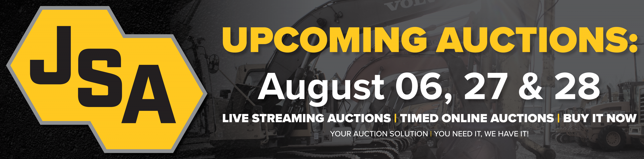 Various heavy equipment including excavators, backhoes, and cranes available for auction at J. Stout Auctions.