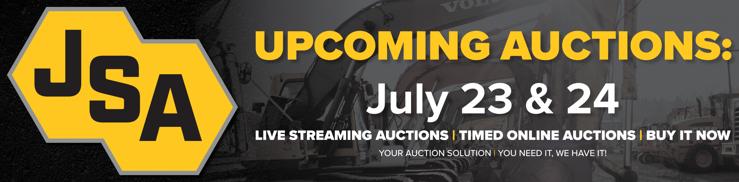 Various heavy equipment including excavators, backhoes, and cranes available for auction at J. Stout Auctions.