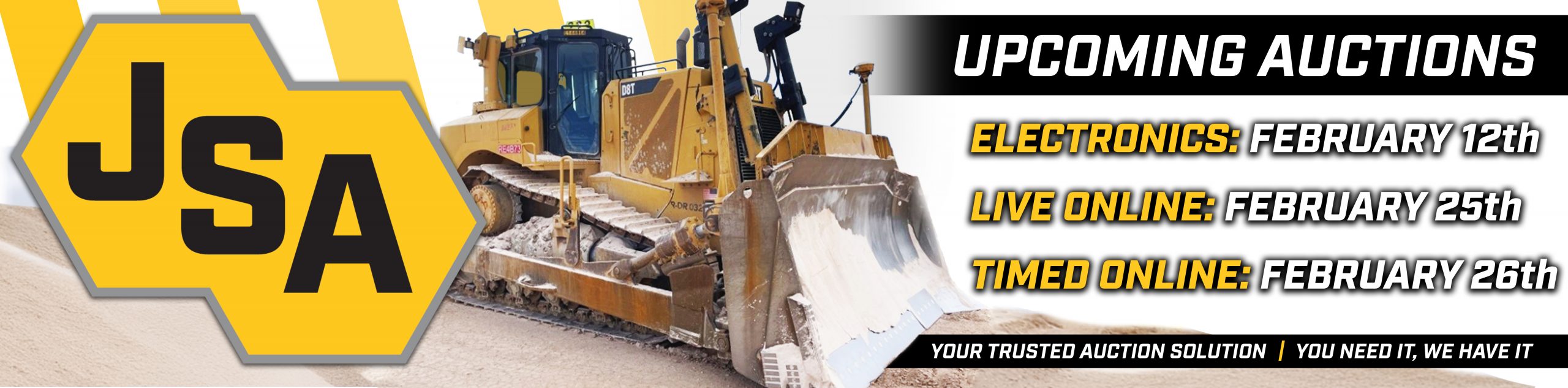 Various heavy equipment including excavators, backhoes, and cranes available for auction at J. Stout Auctions.