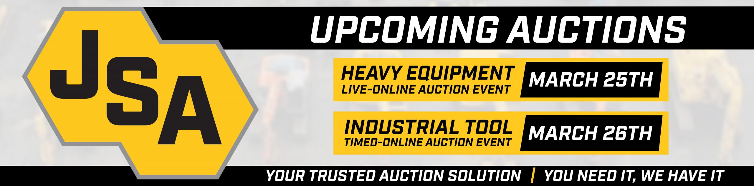 Various heavy equipment including excavators, backhoes, and cranes available for auction at J. Stout Auctions.